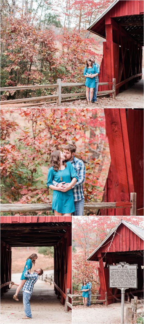 Campbells Covered Bridge Photos, Covered Bridge Photo, Photo Bridge, Engagement Photo Props, Engagement Announcement Photos, Fall Couple, Bridge Photography, Outdoor Couple, Outdoor Engagement Photos