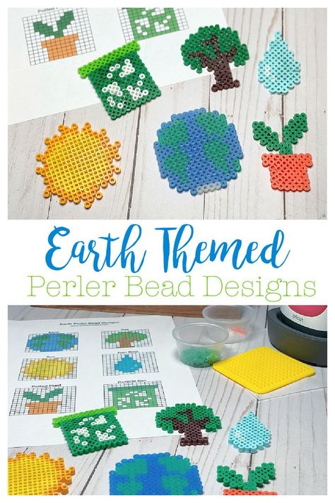 6 Perler Bead/ fuse bead designs with an Earth theme. Perfect for Earth Day, or any day. Includes an Earth, Sun, tree, raindrop, potted plant, and a recycle can. Lds Perler Bead Patterns, Raindrop Plant, Perler Bead Designs, 2023 Crafts, Melt Beads Patterns, Hamma Beads, Perler Bead Templates, Diy Perler Bead Crafts, Melty Beads