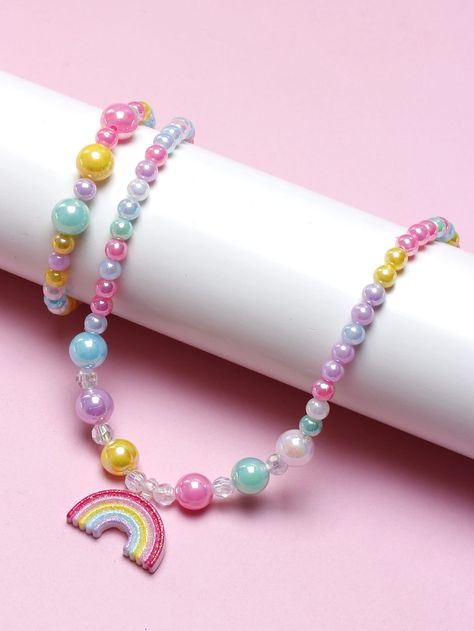 Multicolor  Collar     Embellished   Kids Jewelry & Watches Kids Jewelry Diy, Kids Jewellery, Beading For Kids, Girl Rainbow, Rainbow Decorations, Doll Jewelry, Kids Necklace, Childrens Jewelry, Beaded Accessories