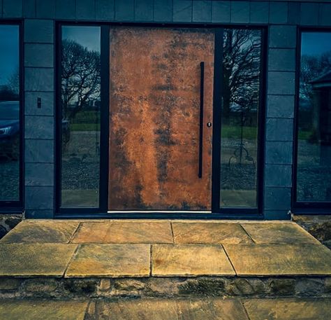 Liquid Metal Front Entrance Doors | Bespoke Doors | Camel Glass Industrial Front Door Entrance, Industrial Front Door, Industrial Front Doors, Unique Door Design, Front Door Decor Ideas Entrance, Metal Entrance Doors, Metal Front Doors, Front Entrance Doors, Metal Front Door