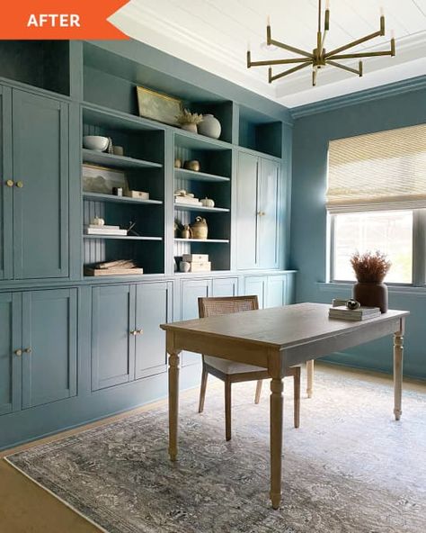 Kristin Purcell's dining room to office transformation with her IKEA hacked "library" built-in with HAVSTA product Dining Room To Office, Ikea Office Hack, Ikea Home Office, Dining Room Built In, Ikea Built In, Ikea Office, Office Built Ins, Salon Suites, Ikea Home