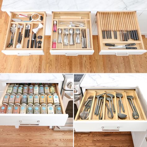 Cabinet Hardware Placement, Kitchen Utensil Drawer, Knife Drawer, Kitchen Drawer Organizers, Utensil Drawer Organization, Dresser Drawer Organization, Affordable Kitchen, Utensil Drawer, Classic White Kitchen