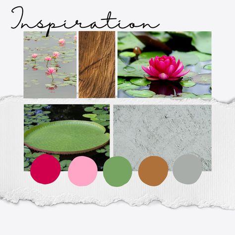 The bright colors of a lotus pond and the beautiful greens of the lotus leaves can be a great color combination for a interior space. Grey creates the perfect balance for these bright colors and can be used as neural color for the back drop. Lotus Inspired Fashion, Lotus Mood Board, Fashion Boards, Lotus Pond, Procreate Tutorial, Fashion Design Portfolio, Concept Board, White Lotus, Mood Board Inspiration