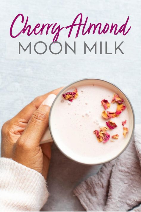 This moon milk is made from tart cherry juice, warm almond milk, and honey. Sip this pretty pink drink to help you fall asleep faster tonight! #moonmilk #healthyrecipes #sleep #plantbased Moon Milk Recipe, Sleepytime Tea, Cherry Drink, Moon Milk, Tart Cherry Juice, Pink Drink, Cherry Almond, Vegetable Drinks, Cherry Juice