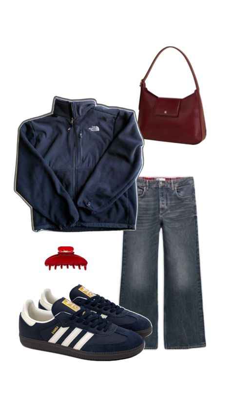 north face adidas sambas fleece jeans outfit inspo blue denim red accessories bag North Face Fleece Outfit, Winter Streetstyle, Fleece Outfit, Adidas Sambas, Red Accessories, Accessories Bag, North Face Fleece, Street Style Winter, Jeans Outfit