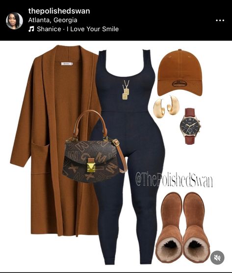 Fall Brown Outfits Women, Outfits With Tennis Shoes Black Women, Pulse Size Fall Outfits, Clothes To Wear Around The House, Brown Winter Outfits For Women, Sunday Funday Outfit Fall, Casual Winter Lounge Outfits, Body Suit With Cardigan Outfit, Fall Designer Outfits