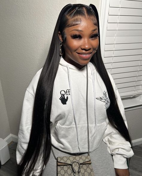 2 Pigtails Half Up Half Down Straight Hair, Straight Lace Front Hairstyles, Wig Style Ideas Black Women, Frontal Hairstyles Ideas Straight, Straight Hair Wig Styles, Dope Hairstyles Black Women, Lace Wigs Styles, Frontal Wig Hairstyles, Birthday Hairstyles