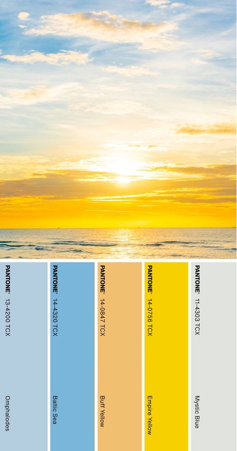 Pantone Color Palette #pantone #color #palette Sky Blue Yellow Color Palette, Sunny Day Color Palette, Sun Rise Color Palette, Yellow Pantone Colour Palettes, Sun Colour Palette, Sunrise Color Palette Mornings, Sunshine Color Palette, Color Palette Pantone, Pantone Color Palette