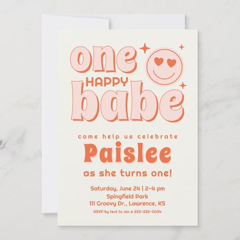 Retro One Happy Babe First Birthday Invitation #Invitation #card #template #design #pinterestquotes #pinterestideas #pinterestmom #pinterestwedding #aesthetic #love #art #pinterestsuccess One Happy Babe First Birthday Girl, One Happy Girl First Birthday, One Happy Girl Birthday Party, Girls First Birthday Theme, Retro 1st Birthday Party, One Year Old Birthday Party Theme, Unique First Birthday Themes, Girl First Birthday Party Theme, Baby Girl 1st Birthday Party Themes