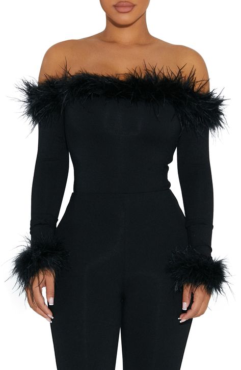 Naked Wardrobe Ruffle My Feathers Off the Shoulder Bodysuit available at #Nordstrom Feather Outfit, Cold Shoulder Bodysuit, Off The Shoulder Bodysuit, Brown Bodysuit, Feather Tops, Naked Wardrobe, Pink Bodysuit, V Neck Bodysuit, Wardrobe Update