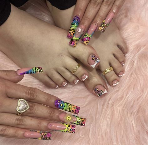 Lisa Frank Inspired Nails, Lisa Frank Nails, Lisa Frank Inspired, Tiger Nails, Aesthetic Dump, Duck Feet, Hard Nails, Pedicure Designs, Baddie Nails