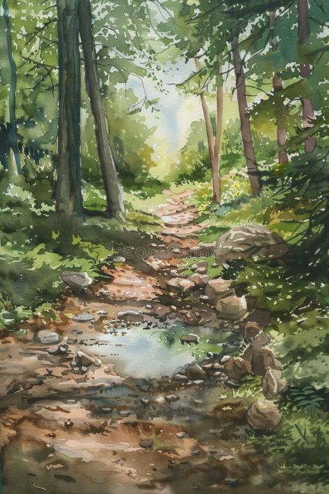 Serene Forest Path with Gentle Stream in Sunlit Woods - Nature Watercolor Painting royalty free stock photography Rock Path, Inspirational Paintings, Watercolour Landscapes, Wood Path, Serene Forest, Watercolor Paintings Nature, Nature Watercolor, Watercolor On Wood, Forest Path