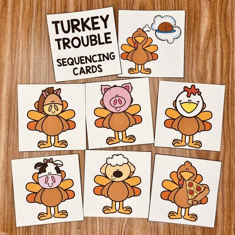 Turkey Trouble Sequencing Cards - Simply Kinder Plus Turkey Trouble Preschool Activities, Turkey Trouble Book Activities Free, How To Catch A Turkey Activities, Turkey Trouble Book Activities, Turkey Trouble Activities, Thanksgiving Stem Activities, Turkey Trouble, Thanksgiving Stem, Turkey Math