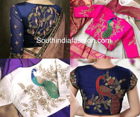 peacock embroidered blouse designs Peacock Blouse Designs, Peacock Embroidery Designs, Blouse Designs High Neck, Bridal Blouses, Boat Neck Blouse Design, Wedding Saree Blouse, Wedding Saree Blouse Designs, Blouse Back Neck Designs, Blouse Back