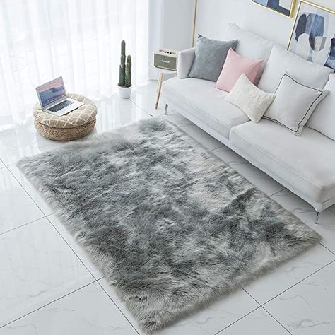 Amazon.com: Carvapet Shaggy Soft Faux Sheepskin Fur Area Rugs Floor Mat Luxury Beside Carpet for Bedroom Living Room 4ft x 6ft, Grey : Home & Kitchen Fluffy Rugs Bedroom, White Faux Fur Rug, Faux Fur Area Rug, Faux Sheepskin Rug, Carpet For Bedroom, Plush Sofa, Plush Carpet, Rugs Floor, Fluffy Rug