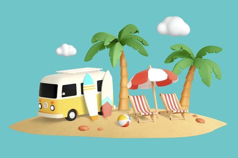 Beach 3d Illustration, Summer 3d Illustration, Trip Collage, Eagle Beach Aruba, Beach Van, Visit Aruba, Beach Cartoon, Aruba Beach, Art Toys Design