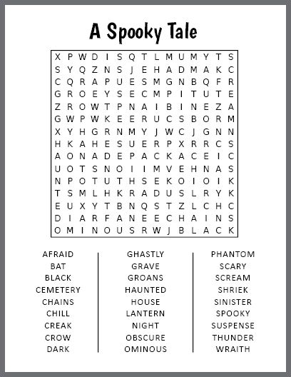 Free Printable A Spooky Tale Word Search Hard Word Search Free Printable, Large Print Word Search, Tea Party Activities, Word Search Puzzles Printables, Puzzle Pictures, Halloween Word Search, Library Activities, Halloween Words, Bell Ringers