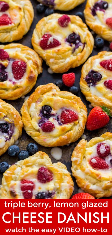 This Cream Cheese Danish recipe is so easy to make. The cheese danish filling tastes just like cheesecake and the fresh berries and lemon glaze add a bright pop of flavor. This puff pastry recipe always disappears fast! | natashaskitchen.com #cheesedanish #puffpastry #puffpastryrecipes #puffpastrydessert #creamcheesedanish #danish #danishrecipe #dessert #pastry #berries #berry #easydessert Cheese Danish Filling, Danish Filling, Homemade Cheese Danish Recipe, Lemon Pastries, Danish Puff, Breakfast Cheese Danish, Brunch Pastries, Cream Cheese Danish Recipe, Cheese Danish Recipe