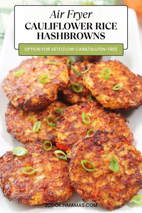 Get ready for some seriously tasty Air Fryer Cauliflower Rice Hash Browns! They come out all crispy on the outside, super tender on the inside, and packed with flavor. Whip them up effortlessly in your air fryer – it's a breeze! Plus, they're light on the calories, so you can munch away guilt-free. Swap out those regular hash browns for this healthier, tastier version! #airfryercauliflowerhashbrowns Cauliflower Rice Air Fryer Recipes, Air Fryer Cauliflower Hashbrowns, Cauliflower Hash Browns, Cauliflower Hashbrowns Easy, Cauliflower Rice Patties, Veggie Recipes Air Fryer, Cauliflower Fritters Air Fryer, How To Season Cauliflower Rice, Crispy Cauliflower Rice