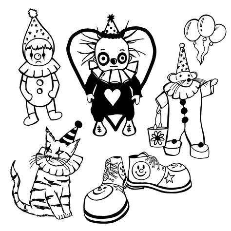 Flash Clown Tattoo, Clown Core Tattoos, Cute Clown Tattoo Ideas, Simple Clown Tattoo Outline, Clown Flash Sheet, Clown Rat Tattoo, Tiny Clown Tattoo, Small Clown Drawing, Clown Doll Tattoo