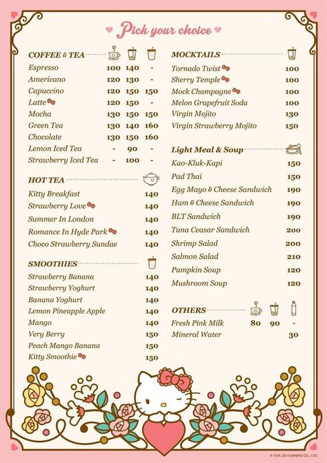 Hello Kitty Cafe Menu Bloxburg, Bloxburg Cafe Decals Codes Hello Kitty, Hello Kitty Id Code Bloxburg, Hello Kitty Menu Bloxburg, Roblox Id Codes For Pictures Hello Kitty, Hello Kitty Cafe Roblox Ideas Bloxburg, Aesthetic Menu Ideas, Bloxburg Menu Decals Cafe, Bloxburg Maid Outfit Codes