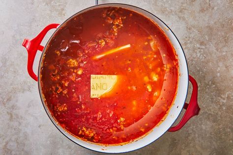 Freezer Soups, Beef Ragu, Parmesan Rind, Homemade Chicken Stock, Ground Sausage, Cheese Tortellini, Tortellini Soup, Roasted Tomatoes, Tortellini