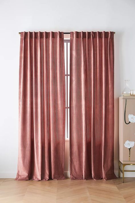 Fiora Ribbed Velvet Curtain | Anthropologie Pink Velvet Curtains, Unique Curtains, Pink Curtains, Red Curtains, Curtain Hardware, Home Styling, Home Curtains, Velvet Curtains, Window Drapes