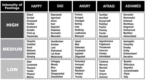 Vocabulary according to the intensity of feelings. Fierce Marriage, Emotional Intelligence Activities, Feelings List, List Of Emotions, Emotions Wheel, Emotion Chart, Feelings Chart, Printable Chart, John Maxwell