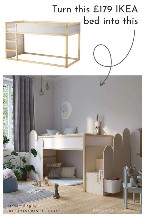 Ikea Cabin Bed Ideas, Bedroom Ideas For Weird Shaped Rooms, Ikea Kura Bed Trofast, Kura Bed Slide Diy, Raised Bed For Kids Room, Ikea Playhouse Hack, Diy Childs Bed, Släkt Bed Ikea Kids Room, Children’s Beds