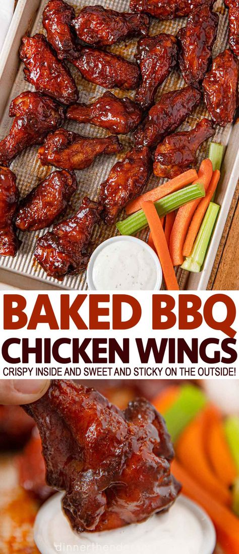 BBQ Chicken Wings are an awesome game day appetizer, baked chicken wings smothered in barbecue sauce. | #appetizers #chicken #chickenwings #party #gameday #tailgating #bbq #dinnerthendessert Chicken Wings Bbq, Baked Bbq Chicken Wings, Appetizers Chicken, Bbq Wings Recipe, Bbq Chicken Wings Recipe, Oven Chicken Wings, Wings Recipe Baked, Oven Baked Bbq Chicken, Honey Bbq Wings