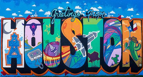 Greetings from Houston by Daniel Anguilu | Houston Texas Graffiti 2014-001 by i-seen-it RubenS, via Flickr Houston Murals, Houston Tattoos, Houston Art, Houston City, H Town, Murals Street Art, Graffiti Wall, Instagram Worthy, Street Art Graffiti