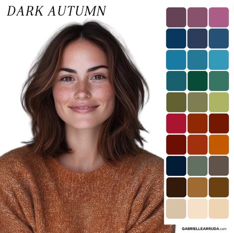 Understand the autumn seasonal color palettes including dark autumn, true autumn and soft autumn. Begin to explore the essence of the autumn colors, including style inspirations, overall aesthetic, jewelry and fabrics. Master your best colors and always love what you wear with pca. deep autumn | warm autumn | muted autumn Dark Autumn Skin Color Palette, Deep Autumn Skin Color Palette, Deep Autumn Color Palette Jewelry, Deep Autumn Vs Soft Autumn, Dark Autumn Color Season Outfits, Autumn Dark Color Palette, Dark Autumn Clothing Palette, Autumn Neutrals Color Palettes, Bright Spring Vs Dark Autumn