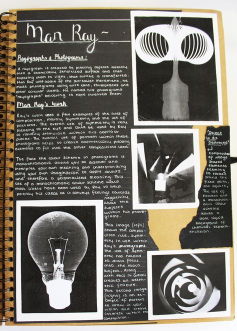 A1 Photography A3 Brown Sketchbook Man Ray Research Exploring Media Thomas Rotherham College 2018 Light And Dark Gcse Art Sketchbook, Photography Artist Research Page, Light And Dark Art Gcse, Brown Sketchbook, Sketchbook Photography, Alevel Photography, Film Portfolio, Sketchbook Examples, Gcse Graphics