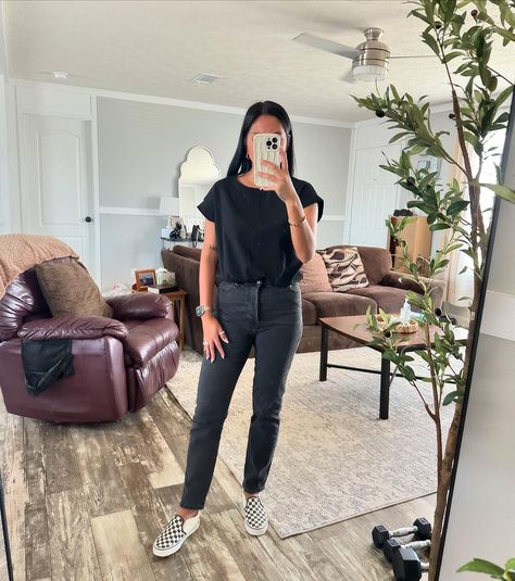 black on black with a fun sneaker 🖤 #happytuesday #ootd #momstyle #easyoutfitideas #affordablefashion #vans #amazonfinds #hm Fall Black Vans Sneakers, Vans Slip On Outfit Women, Functional Black Vans Sneakers, Vans Black Casual Slip-on Sneakers, Slip On Outfit, Black Vans Slip-on Sneakers For Streetwear, Black Non-slip Vans Sneakers, Vans Slip On, Best Sneakers