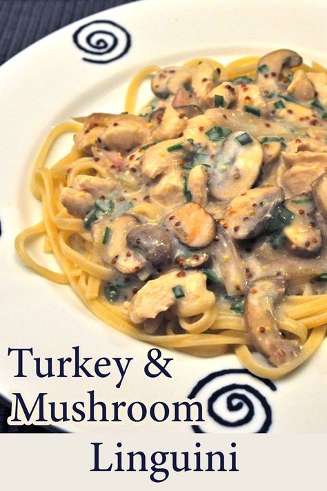 Creamy yogurt sauce finishes this simple Turkey & Mushroom Linguini, #MushroomSauce #PastaMushrooms #TurkeyLinguini #PastaForTwo Pasta With Turkey, Turkey Mushroom, Whole Grain Mustard, Creamy Yogurt, Healthy Turkey, Easy Turkey, Brown Sauce, Yogurt Sauce, Mushroom Sauce