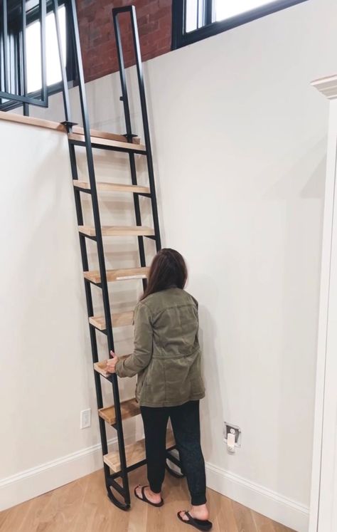 We love this space saving retracting loft ladder from Room 62 Furniture! Industrial Loft Ladder, Pull Down Loft Ladder, Rolling Ladder For Loft, Ship Ladder For Loft, Retractable Loft Ladder, Retractable Stairs For Loft, Wall Ladder To Loft, Loft Steps Space Saving, Loft Ladders Space Saving