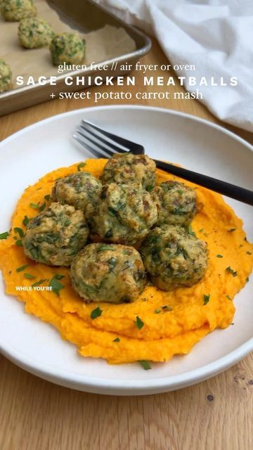 Maddie Vock on Instagram: "carrying my meatball obsession into the new year & waiting for everyone else to join the club 😌 they are easy! effective! loaded with protein & flavor! you can’t mess em up! let these gluten free sage chicken meatballs be your next variation and pair them with a creamy, sweet potato carrot mash for the ultimate winter dinner 🧆🍠🥕 the meatballs can be made in the air fryer (my personal preference) or the oven — instructions for both are in the blog post! (peep me using a ricer for the sweet potato & carrots and then transferring it to a food processor when i realized i wanted a smoooother consistency lol) full recipe is up on my blog! let me know what you think 🤍 https://munchinwithmaddie.blog/gluten-free-sage-chicken-meatballs-with-sweet-potato-carrot-mash/ Meatballs And Sweet Potatoes, Sage Chicken Meatballs, Chicken Sweet Potato Meatballs, Meatballs With Carrots, Turkey Sweedish Meatballs Healthy, Sage Chicken, Winter Dinner, Chicken Meatballs, Make Ahead Breakfast