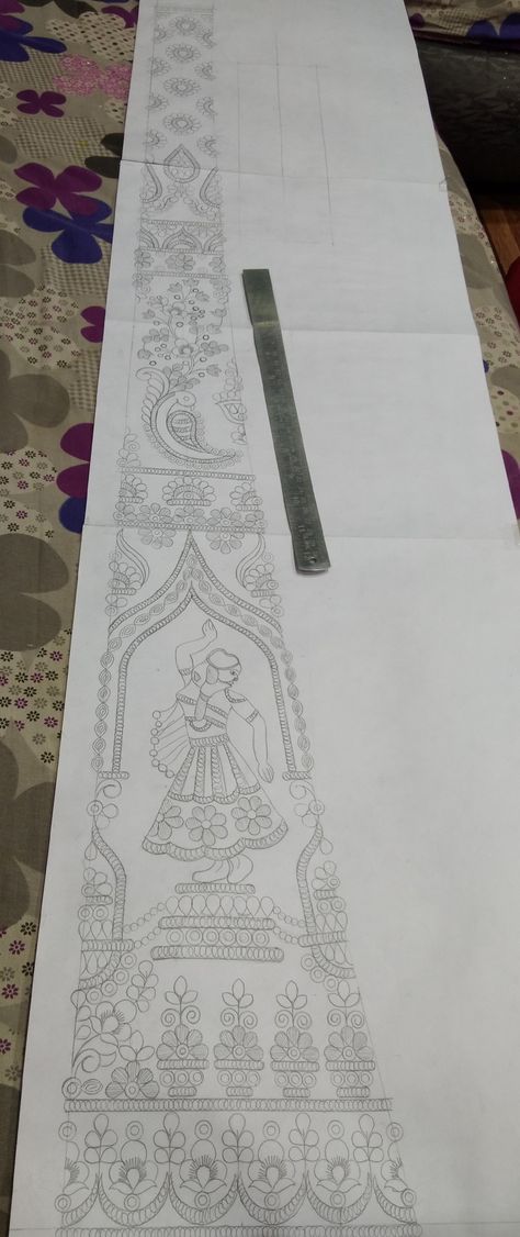 A pencil sketch ✏ Aari Embroidery Sketch, Lehenga Kali Design Sketch, Lehenga Drawing Sketches, Tom Drawing, Kali Sketch, Kali Pattern, Tracing Patterns, Kali Design, Lipan Art