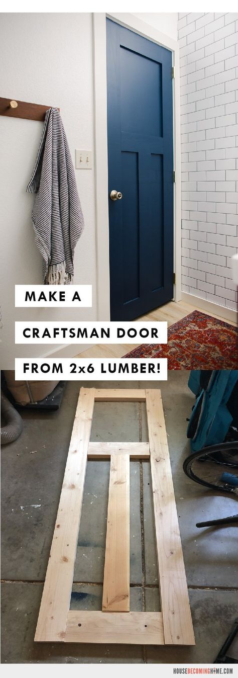 Build a 3-panel craftsman door from affordable 2x6 lumber. This tutorial walks you through the steps to make your own! 3 Panel Door, Diy Interior Doors, Farmhouse Craftsman, Affordable Farmhouse, Building A Door, Craftsman Door, Make A Door, Craftsman Bungalow, Craftsman Exterior