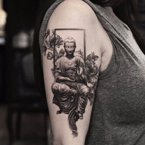 Tattoo uploaded by Tattoodo | Window to Enlightenment by Oscar Akermo #oscarakermo #blackandgrey #realism #realistic #Buddha #flowers #Buddhism #om #cherryblossom #window #tattoooftheday | 430323 | Tattoodo Buddhist Symbol Tattoos, Buda Tattoo, Meditation Tattoo, Hindu Tattoos, Buddhist Tattoo, Buddha Tattoo Design, Buddha Tattoos, Ganesha Tattoo, Geometric Tattoo Arm