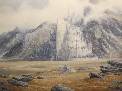 Gandalf Rides to Minas Tirith by Alan Lee (from Tolkien's Lord of the Rings) Comic Art Alan Lee Art, Tolkien Artwork, Tolkien Illustration, Minas Tirith, Alan Lee, John Howe, Lord Of, Calligraphy Canvas, Fantasy Tree