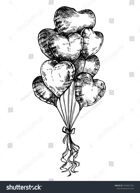 Heart Balloons Drawing, Heart Balloon Drawing, Heart Balloon Tattoo, Balloons Sketch, Valentines Day Tattoo, Spring Tattoos, Balloon Sketch, Balloons Drawing, Sketch Heart