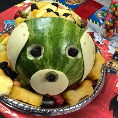 Paws fruit salad Animal Themed Fruit Tray, Lion Fruit Platter, Animal Shaped Fruit Platters, Food Tray Ideas, Fruit Platter Animal Designs, Shark Watermelon Fruit Bowl, Food Trays, July Party, Fruit Salad