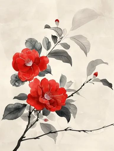 ↑↑↑ Larger size on website 🔸 A delicate watercolor painting depicts two vibrant red camellia blossoms on a branch with gray-green 🔸 From Midjourney AI Image Camellia Red, Red Camellia, Delicate Watercolor, Botanical Flowers, Gray Green, Vibrant Red, Nature Beauty, Green Leaves, Watercolor Painting