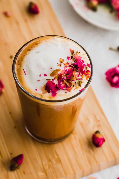 Rose Milk Tea Latte | Sift & Simmer Rose Milk Tea, Rose Syrup, Steamed Milk, Used Tea Bags, Rose Milk, Ceylon Tea, Rooibos Tea, Frothing Milk, Eastern Cuisine