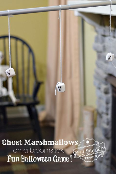 Marshmallow Ghosts on a String is a hilarious Halloween Game to Play. It's a great party game for kids and takes very little time to set up www.kidfriendlythingstodo.com #party #game #halloween #fun #easy #play Marshmallow Games, Marshmallow Ghosts, Fun Halloween Party Games, Halloween Party Activities, Fun Halloween Games, Halloween Party Treats, Teen Party Games, Ghost Games, Kid Friendly Halloween