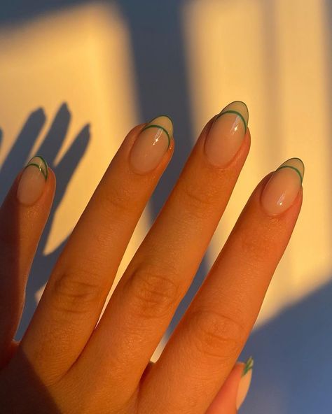 Out Line French Tip Nails, White Nail Ideas Almond, French Tip With Green Line, White French Tip With Green Line, Sage French Tip Nails Almond, Green Line Nails, Green Outline French Tip Nails, Sage Green Almond French Tips, Almond Shape Green French Tip