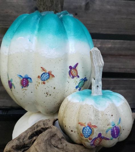 Beachy Fall Decor, Baby Sea Turtles, Hand Painted Pumpkin, Pumpkin Pictures, Change Of Seasons, Coastal Artwork, Halloween Pumpkin Designs, Beach Ornaments, Foam Pumpkins