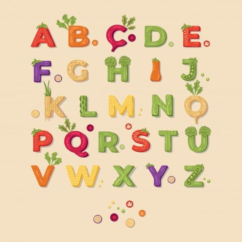 Cursive Fonts Alphabet, Food Alphabet, Food Font, Food Lettering, Hand Lettering Alphabet Fonts, Vegetable Design, Food Education, Alphabet Font, Alphabet Tracing Worksheets