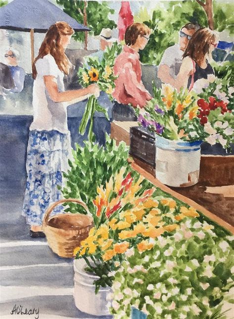 Market Scene Composition Painting, Flower Shop Watercolor Painting, Watercolor Market Scene, Garden Memory Drawing, Flower Market Watercolor, Garden Watercolour Painting, Market Art Drawing, Market Scene Composition, Flower Market Illustration